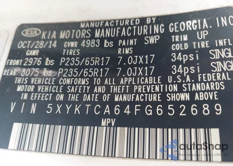 2015 Kia Sorento Lx z USA, uszkodzony, nr VIN 5XYKTCA64FG652689